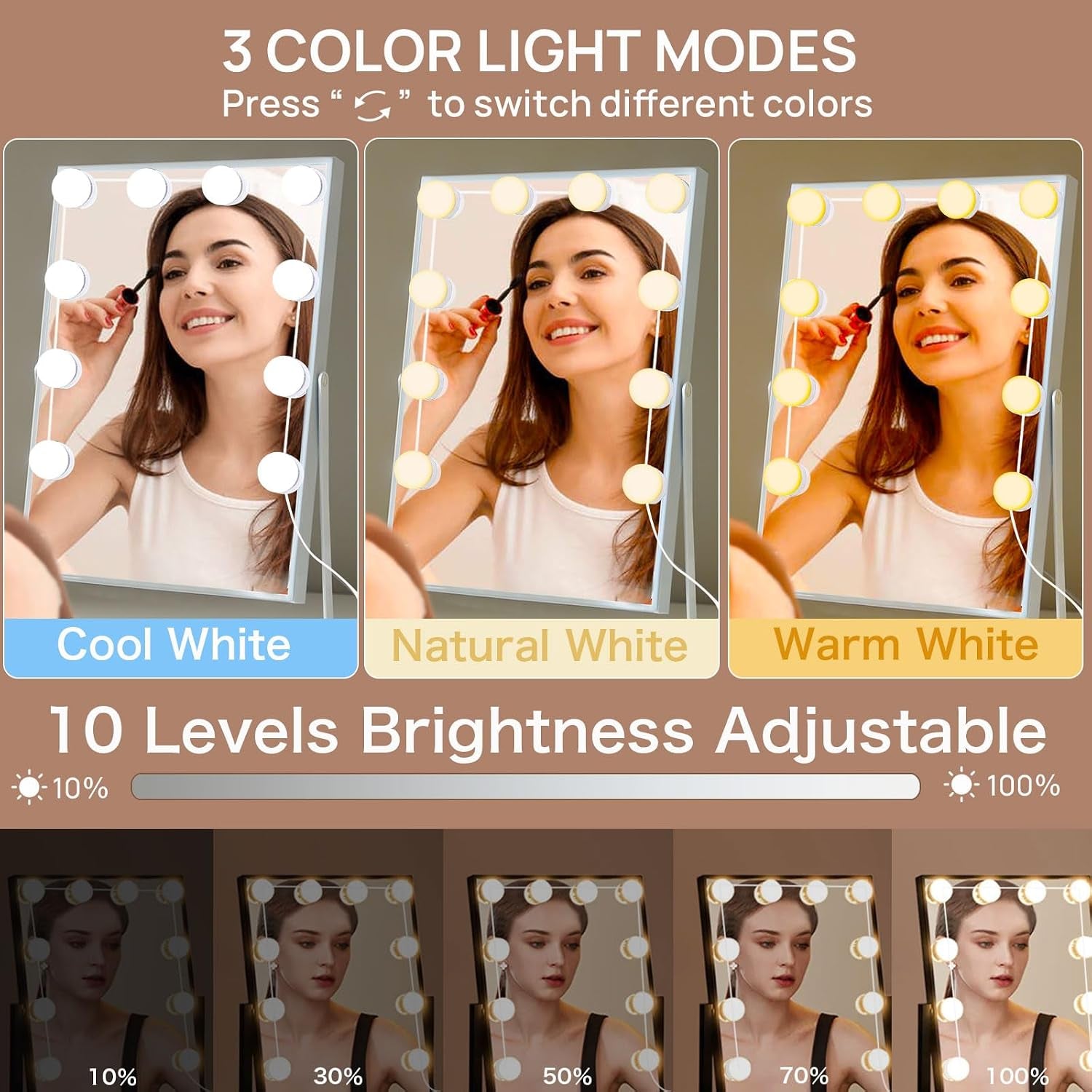Hollywood Mirror Lights Stick on 10 Bulbs, USB Cable Adjustable, 3 Colour Changing and 10 Brightness, LED Vanity Mirror Lamp Dimmable, Makeup Lights for Dressing Table (No Adapter)