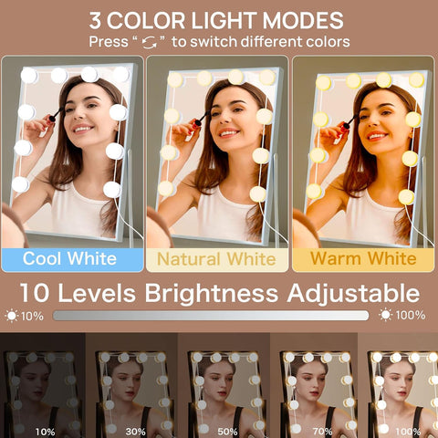 Hollywood Mirror Lights Stick on 10 Bulbs, USB Cable Adjustable, 3 Colour Changing and 10 Brightness, LED Vanity Mirror Lamp Dimmable, Makeup Lights for Dressing Table (No Adapter)