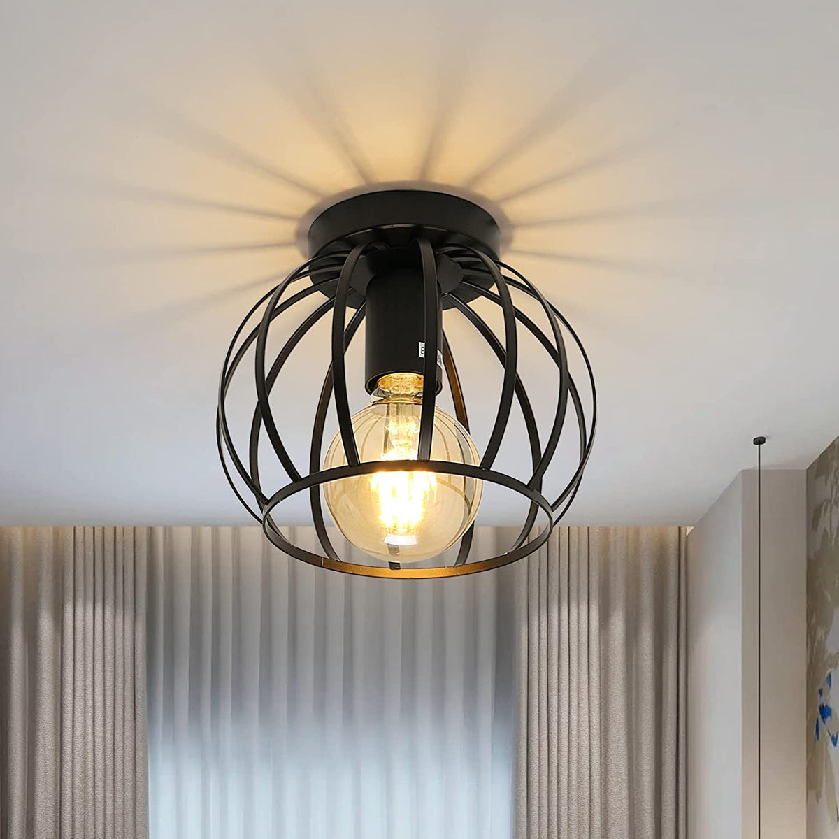 Black Semi Flush Mount Ceiling Light Fixture Metal Cage Ceiling Lampshade with E27 Holder for Living Room Kitchen Bedroom Hallway Courtyard