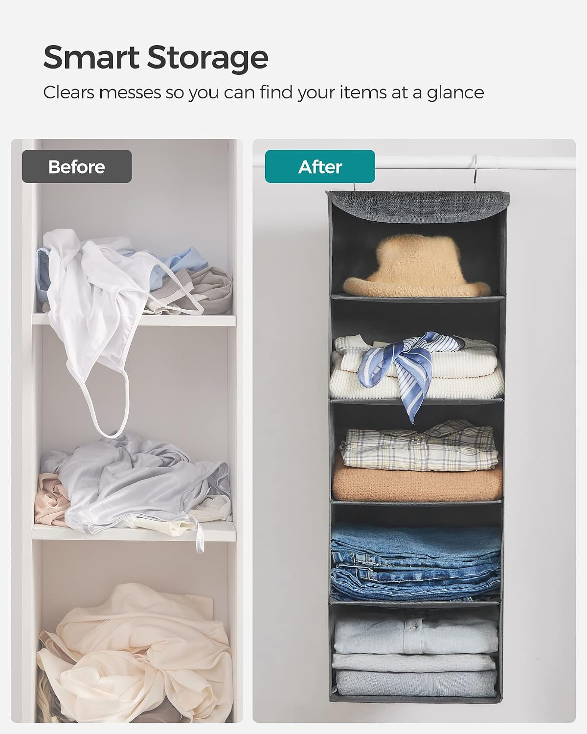 SONGMICS Hanging Wardrobe Organiser Set of 2, 5 Shelves Each, Foldable Grey Storage – Make Room for the Things You Love
