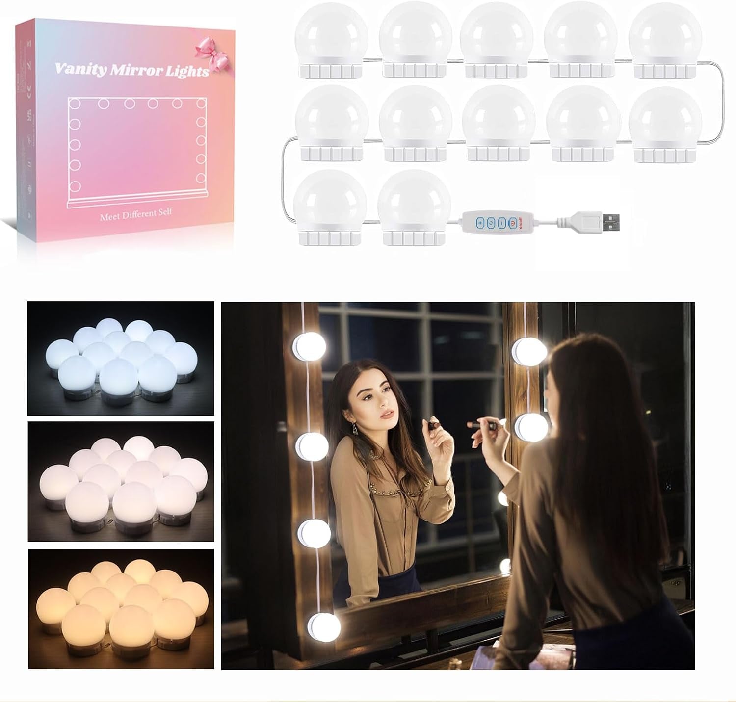 Hollywood Mirror Lights Stick on 10 Bulbs, USB Cable Adjustable, 3 Colour Changing and 10 Brightness, LED Vanity Mirror Lamp Dimmable, Makeup Lights for Dressing Table (No Adapter)