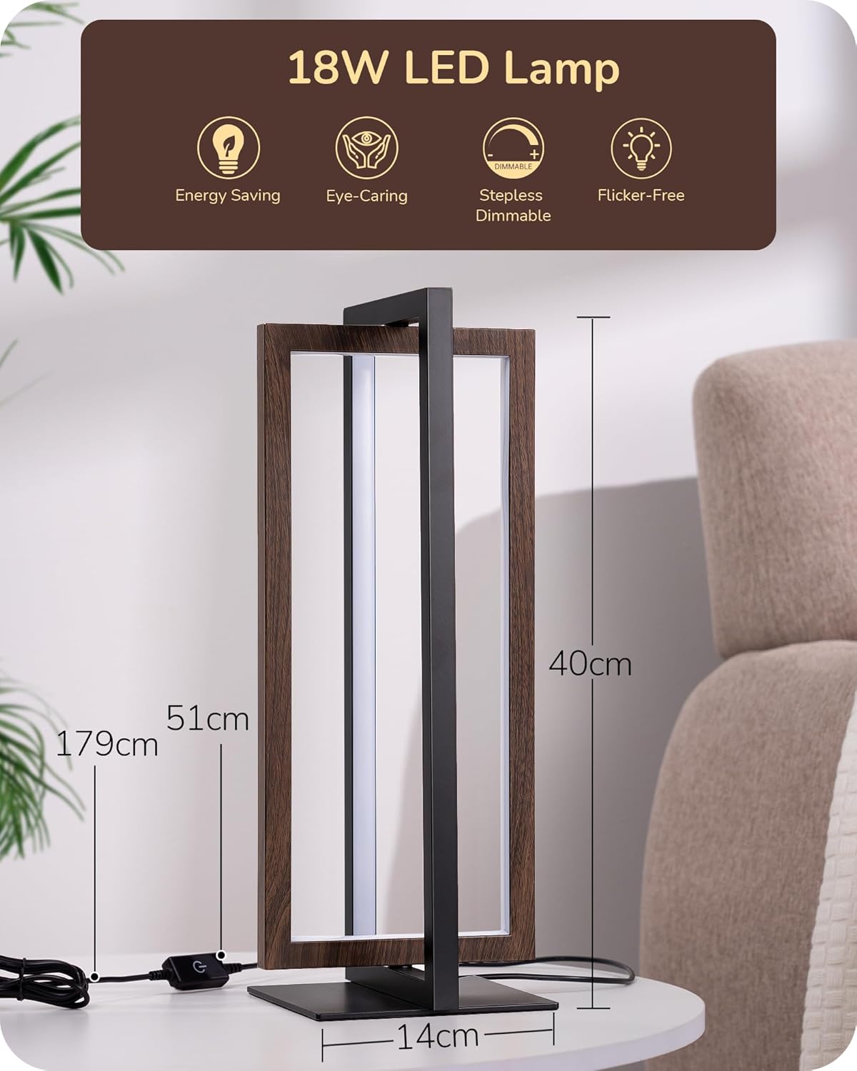 18W LED lamp with dimensions and features on a white background