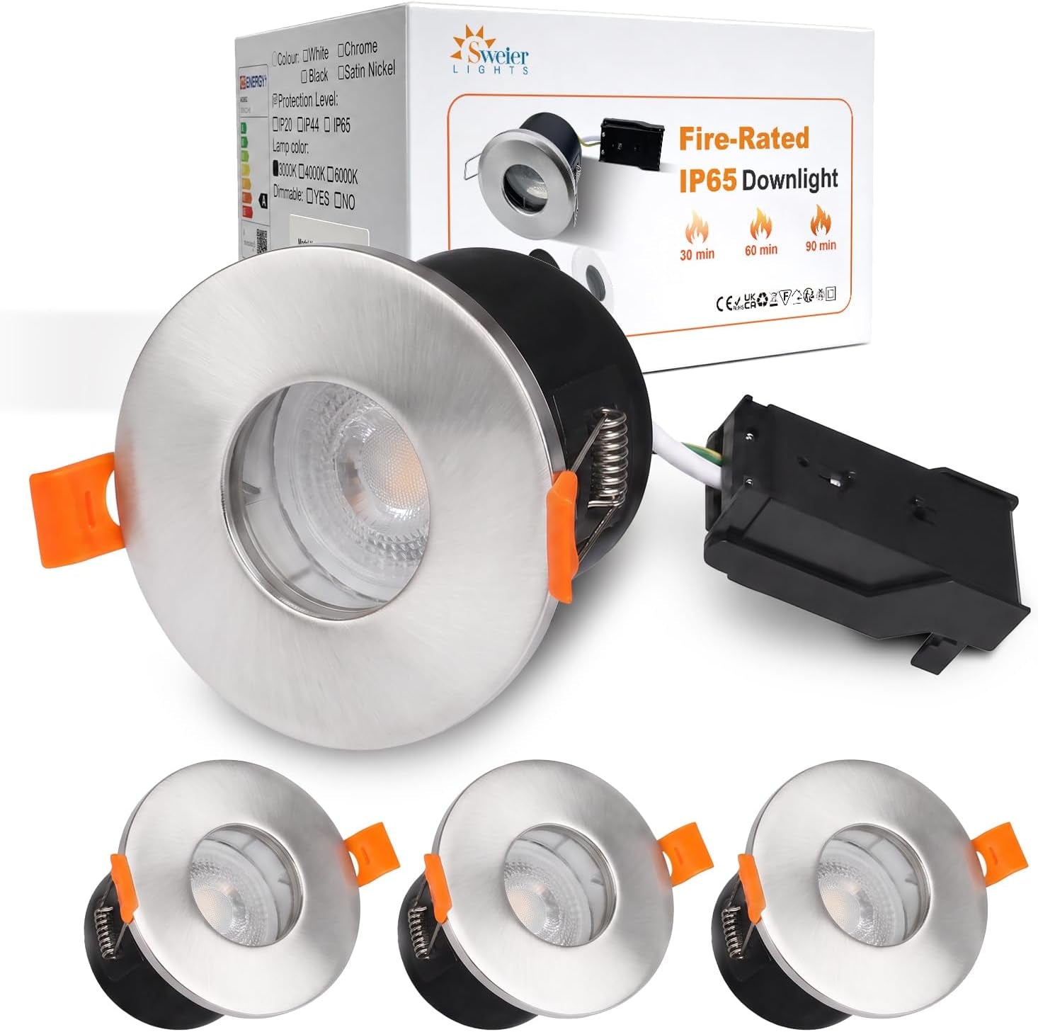 LED Fire Rated Downlights, 5W IP65 Waterproof Bathroom Spotlights, Dimmable 6000K Cool White Recessed Ceiling Lights for 70-75Mm Cut Out, AC220V-240V 4 Pack