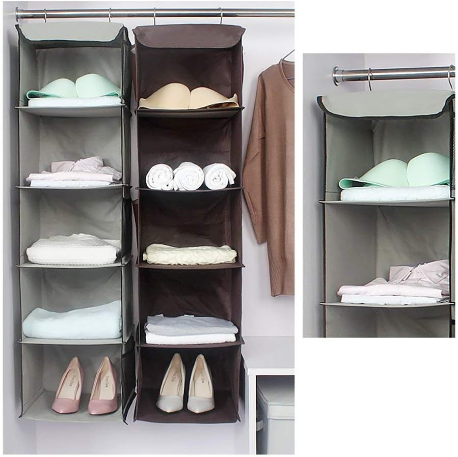 5-Shelf Hanging Wardrobe Organizer with 6 Pockets for Clothing - Grey (30 x 30 x 108 cm)