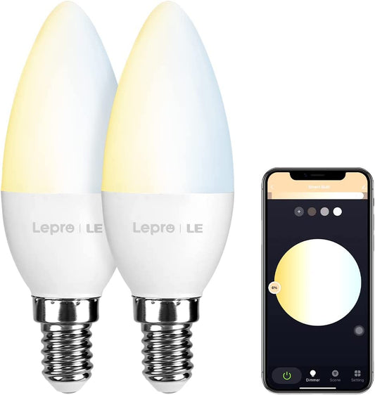 E14 Smart Bulb, Dimmable Alexa Light Bulb E14, 4.5W 380lm, 2700-6500K Warm to Cool Daylight E14 LED Candle Bulbs, No Hub Required, Pack of 2 (2.4GHz WiFi Only)