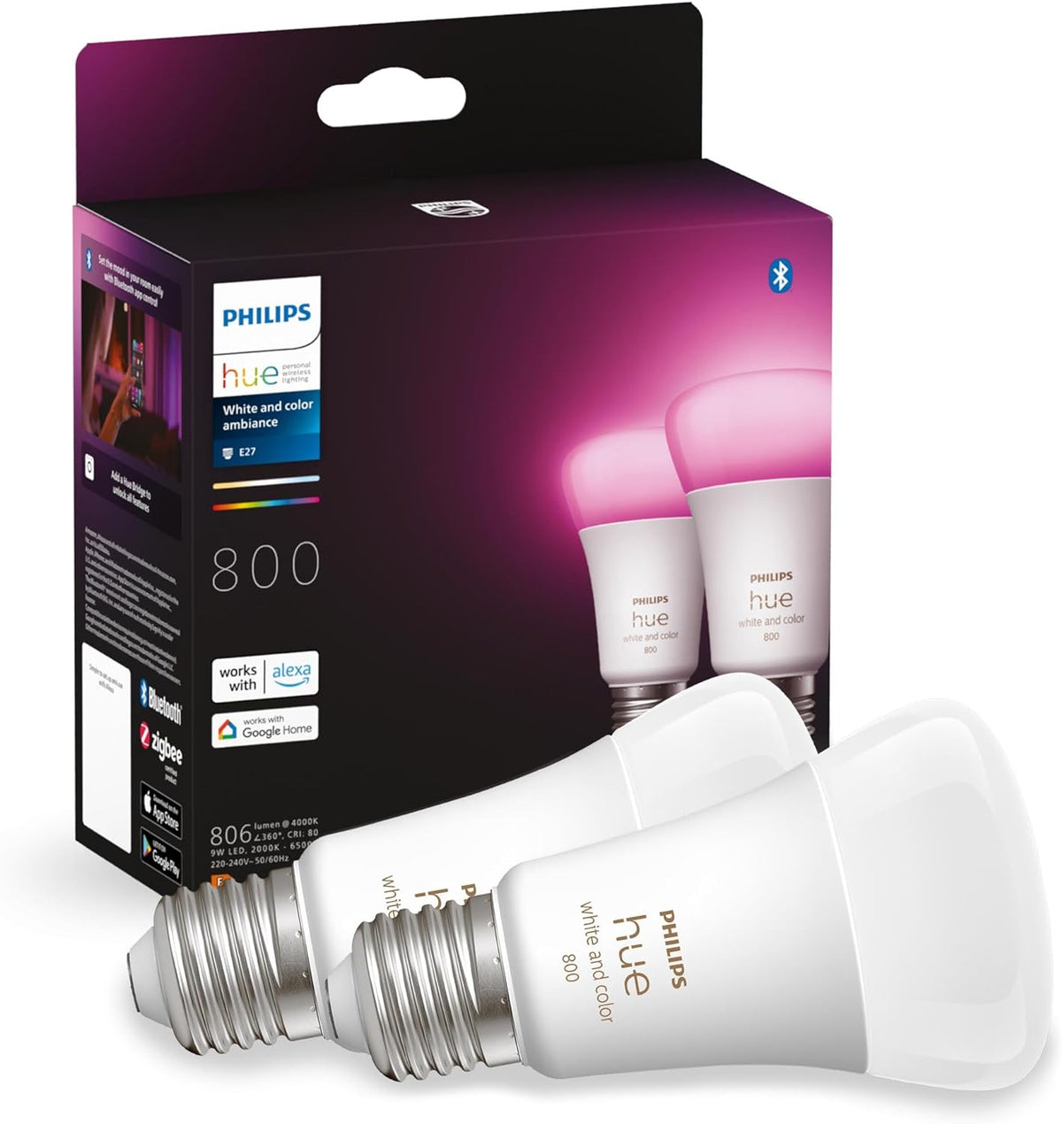 Philips Hue White and Colour Ambiance Smart Light Bulb 2 Pack 60W - 800 Lumen [E27 Edison Screw] With Bluetooth. Works with Alexa, Google Assistant and Apple Homekit