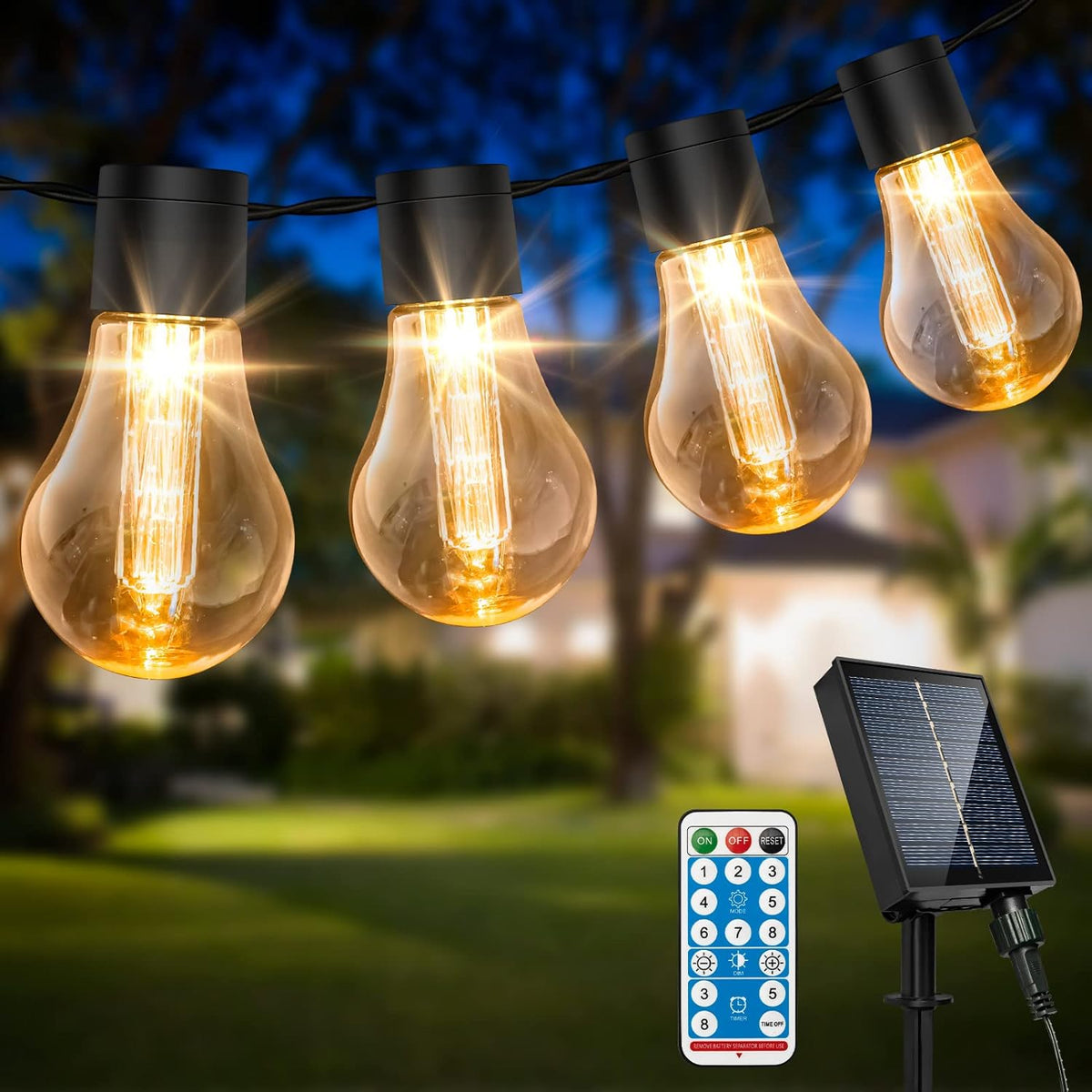 Solar Festoon Lights Outdoor, 29.5Ft Remote Control Solar String Lights Outdoor Waterproof with 8 Modes 20 Shatterproof LED Bulbs for Garden, Gazebo, Patio, Party, Festival Decoration