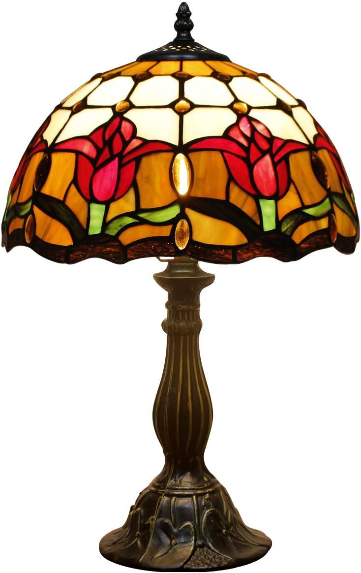 Stained Glass Tiffany Table Lamp - Tulip Flower Style, Desk Reading Light for Home Office