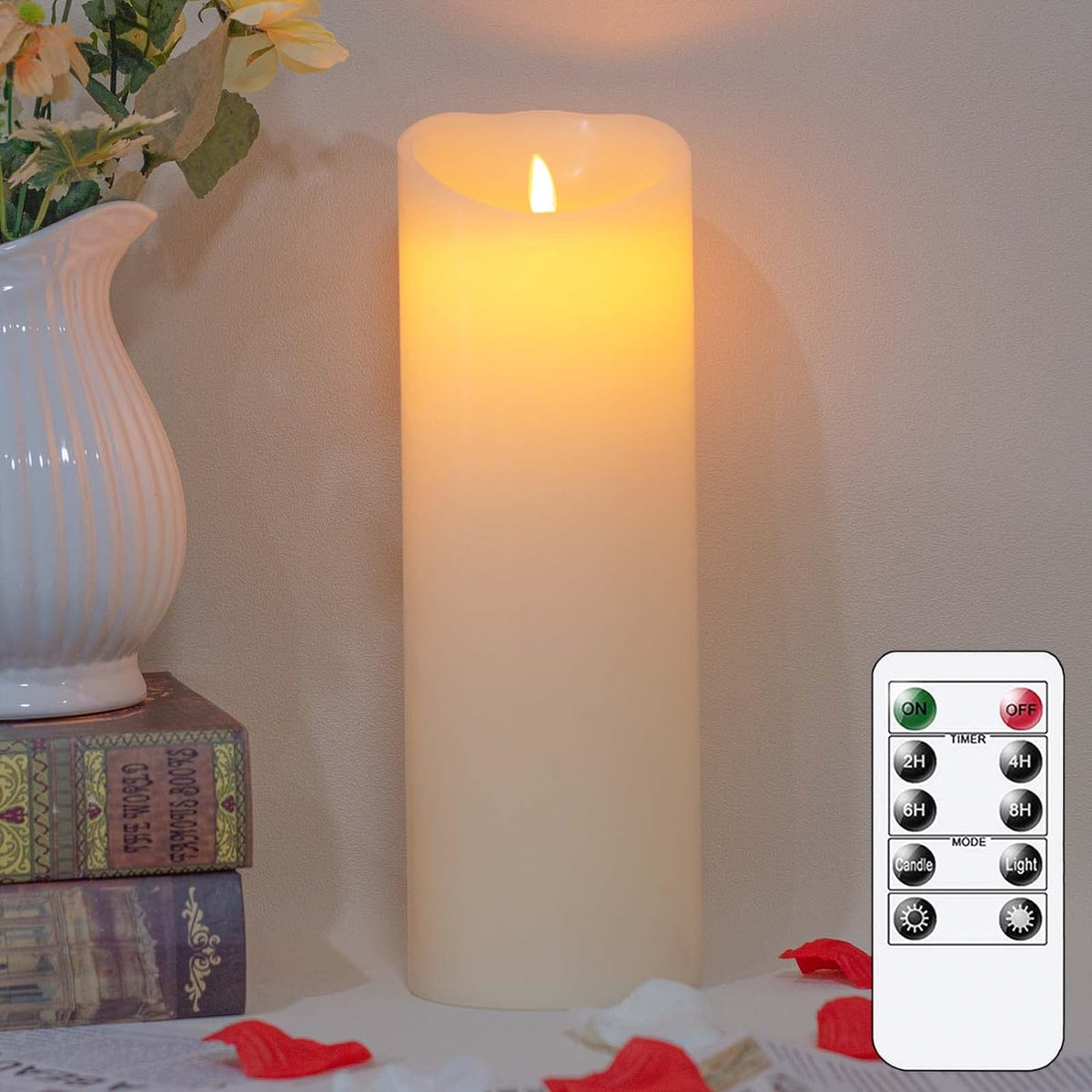 Flameless Flickering Candles with Remote,Real Wax LED Battery Operated Pillar Candles with Timer,Ivory Long Lasting Fake Electric Moving Wick Flameless Candles for Home Decor10x30cm