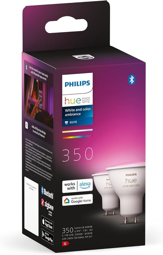 Philips Hue White and Colour Ambiance Smart Light 2 Pack [GU10 Spot] With Bluetooth. Works with Alexa, Google Assistant and Apple Homekit [Energy Class G]