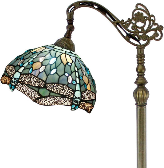 Sea Blue Tiffany Dragonfly Floor Lamp - Stained Glass Arched Design, Adjustable Gooseneck