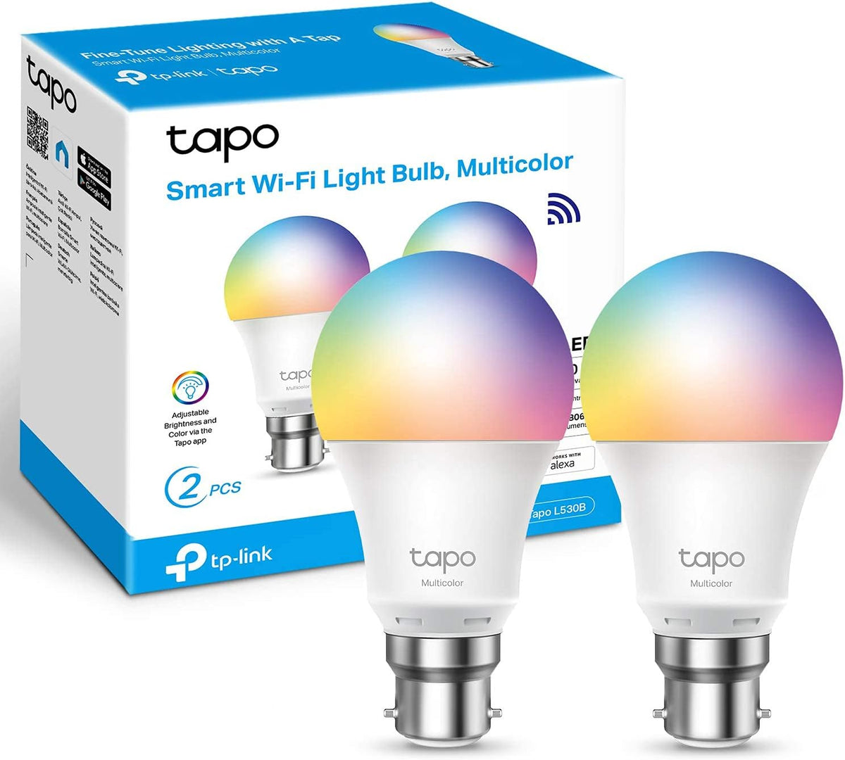 Smart Bulb, Smart Wi-Fi LED Light, B22, 60W, Energy saving, Works with Amazon Alexa and Google Home, Colour-Changeable, No Hub Required Tapo L530B(2-pack)[Energy Class F], Multicolor