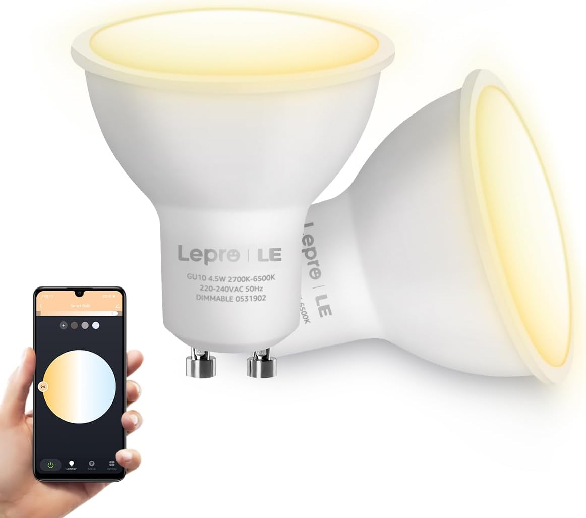 GU10 Smart Bulbs, Warm to Cool White Smart Light Bulbs GU10, Dimmable GU10 LED Spotlight Bulbs, Works with Alexa and Google Home, 4.5W, CCT, 100° Beam Angle, Pack of 2 (2.4GHz WiFi) [Energy Class G]