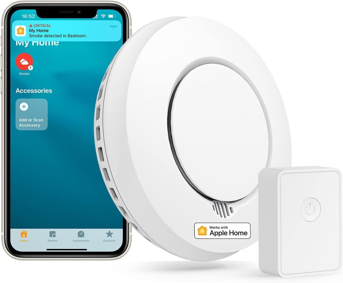 Smart Smoke Alarm, EN14604, Smoke Detector with Hub, Low Battery Alert Silence Button, Smoke Alarms for Home, Replaceable Battery, Apple HomeKit, SmartThings Supported, 2.4GHz Only