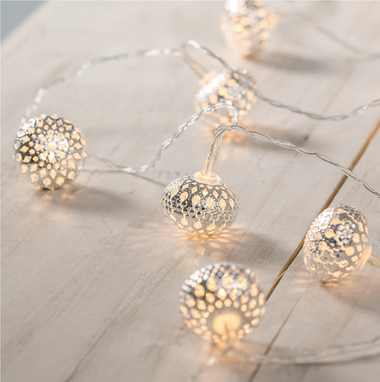 Set of 3 Indoor Silver Moroccan Fairy Lights, Battery Operated 10 Warm White LEDs, 1.35m
