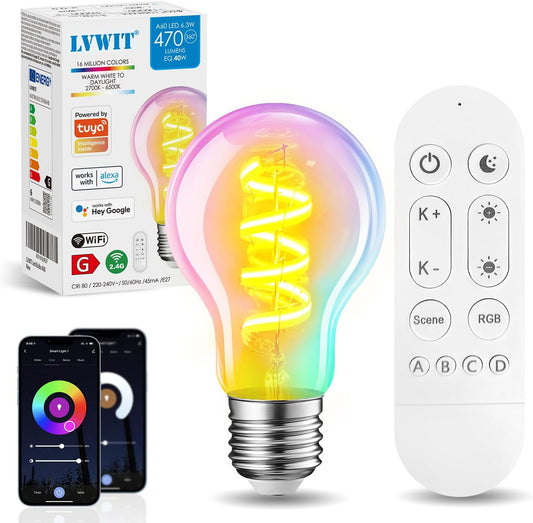 Smart Filament Light Bulb,Alexa Dimmable LED Color Changing Light Filament Bulb,E27 WiFi RGB Smart Filament Bulb,Compatible with Alexa,Echo,Google Assistant Include Remote Control(6.3W,470LM)