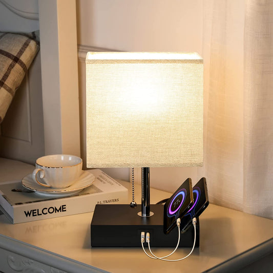 USB Table Lamp with 2 Useful USB Ports, Lamp Suitable for Nightstand Lamp or Bedroom Lamps, Grey Fabric Shade | 2 Convenient Phone Stand On The Base