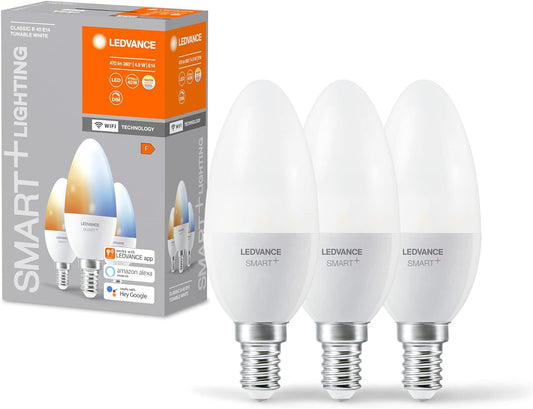 LEDVANCE Smart LED lamp with WiFi Technology, E14-base matt Optics,Light Colour Changeable (2700K-6500K), 470 Lumen, 40W-Replacement, Smart dimmable, 3-Pack
