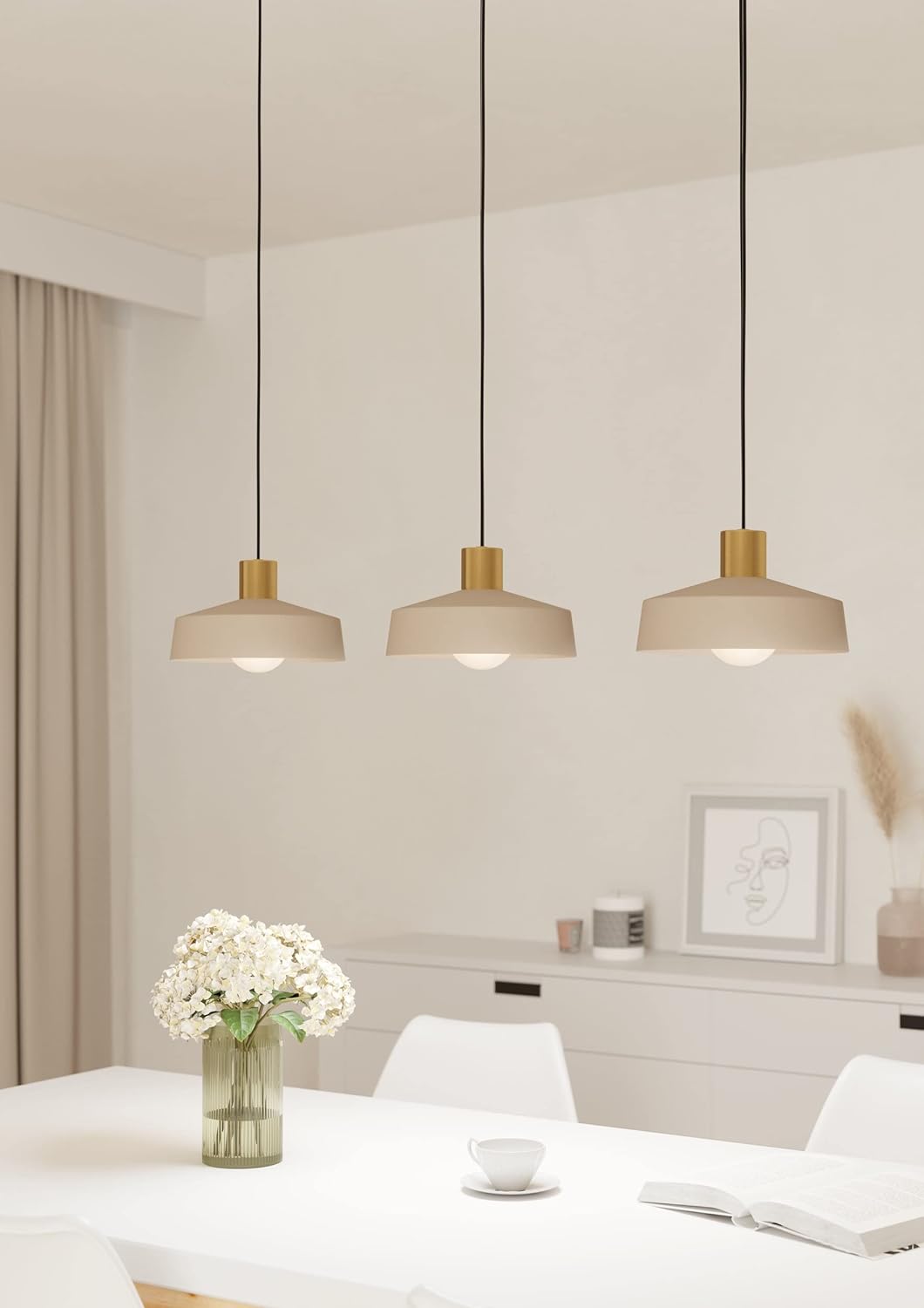 EGLO Pendant lighting Valdiola, 3 lamp ceiling light fitting, hanging lamp for dining and living room made of metal in sand colour and brushed brass finish, E27 socket