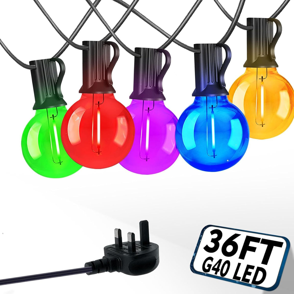 36FT G40 Coloured Garden Lights Mains Powered Energy Saving Shatterproof Waterproof Outdoor String Lights for Outside Gazebo Patio Balcony Party etc. [Energy Class E]