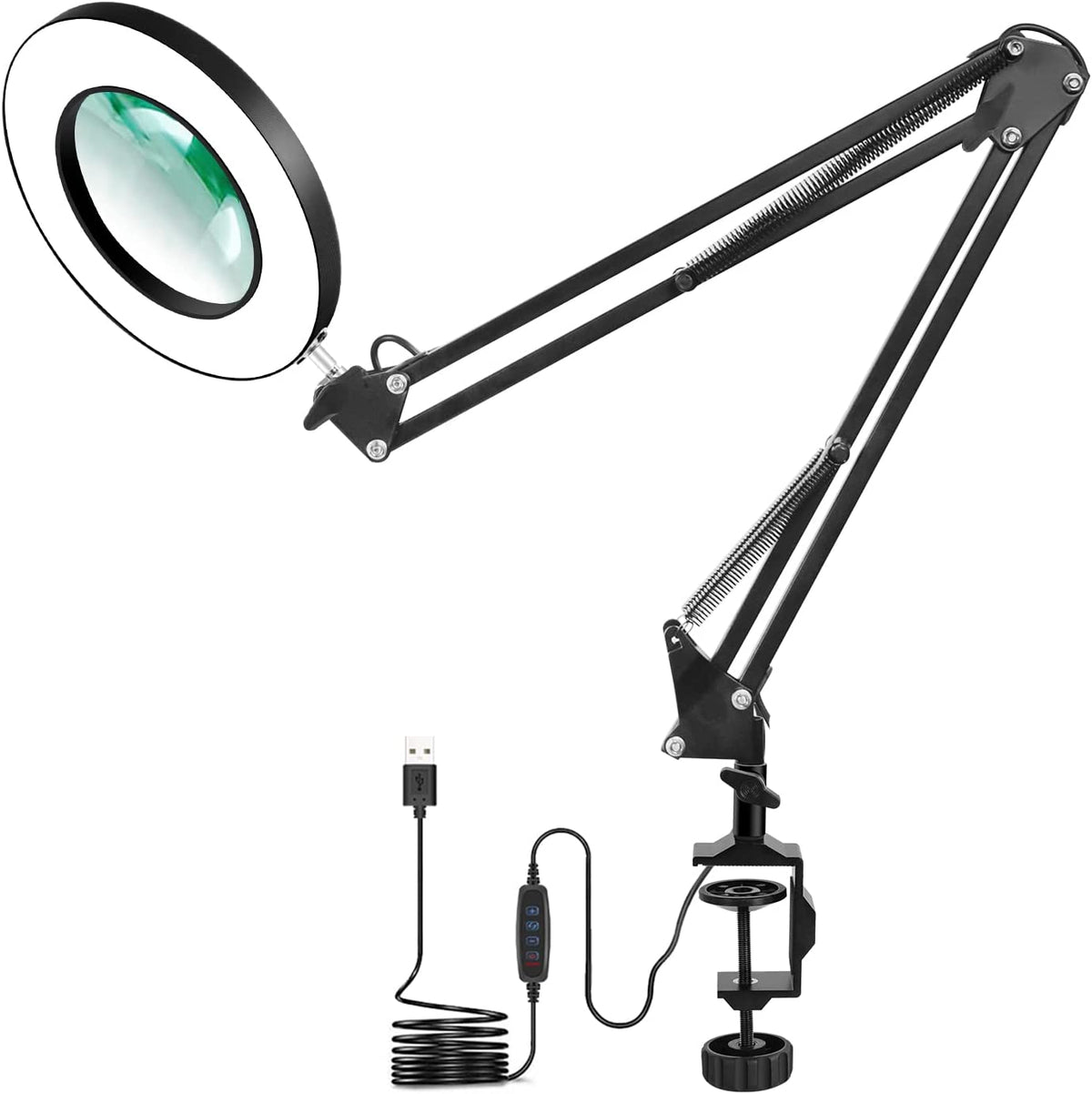 LED Magnifying Lamp with Clamp Real Glass Lens, Adjustable Swivel Arm Lighted Magnifier Table Light