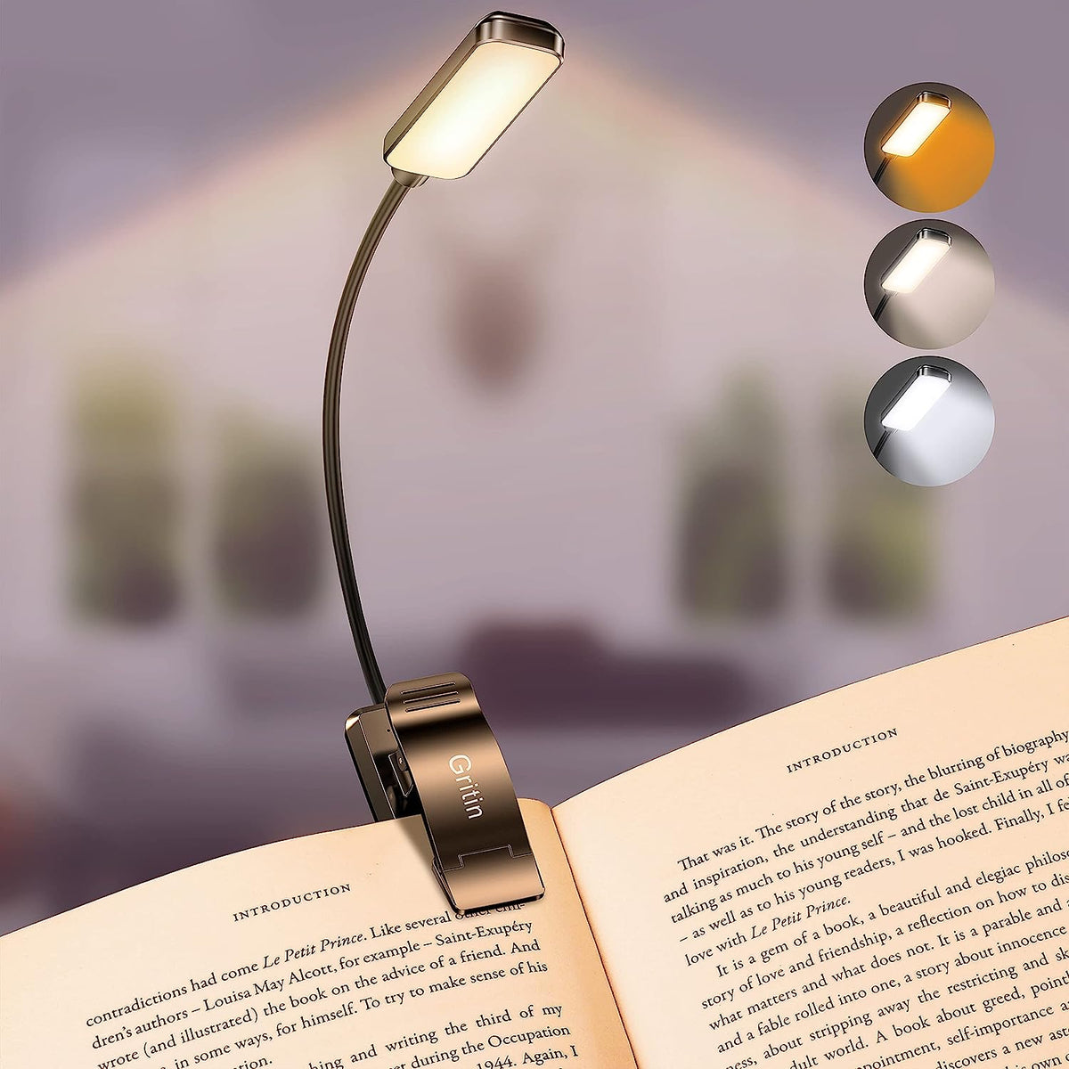 9 LED Book Light, 3 Eye-Protecting Modes Reading Light Book Lamp (Warm&Cool White Light) -Stepless Dimming, Rechargeable, Long Battery Life, 4-Level Power Indicator, Flexible Clip on Book Light