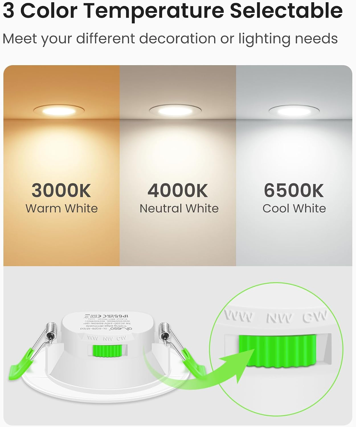 3CCT LED Downlights Ceiling Dimmable 7W IP65 Cutout 67-75MM 6 Pack | Slim Recessed Ceiling Lights, 3000K 4000K 6500K Selectable Bathroom Kitchen Spotlights, round White