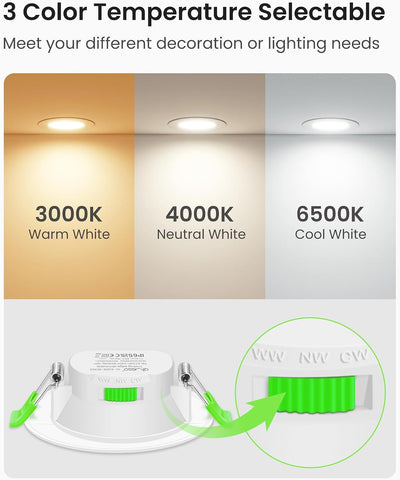 3CCT LED Downlights Ceiling Dimmable 7W IP65 Cutout 67-75MM 6 Pack | Slim Recessed Ceiling Lights, 3000K 4000K 6500K Selectable Bathroom Kitchen Spotlights, round White