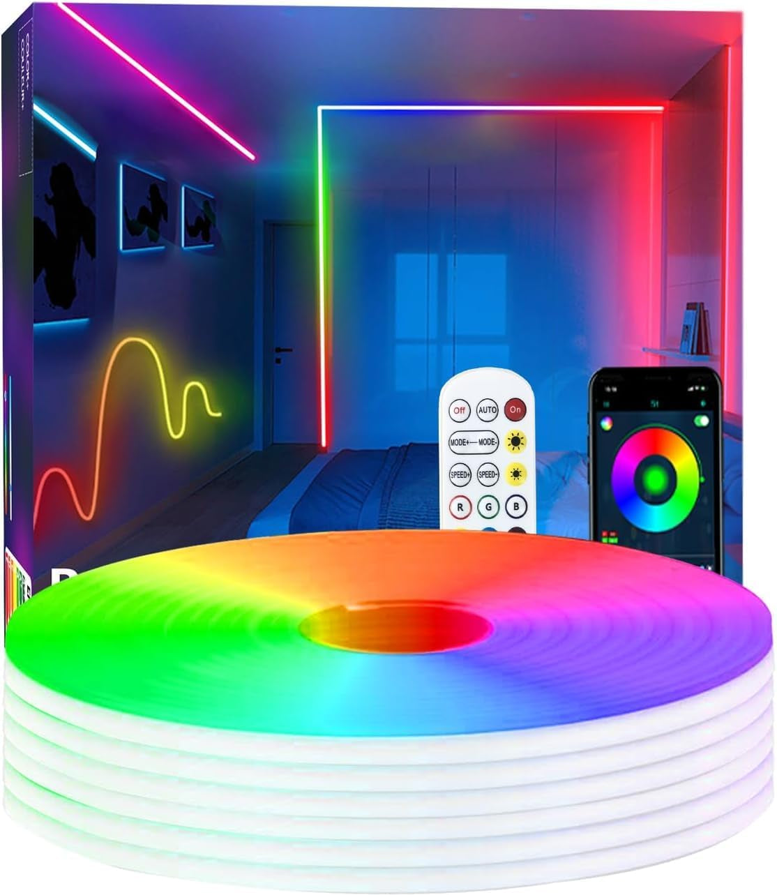 15M Neon Rope Light, Ws2811 RGB+IC Flexible Led Lights Control with App/Remote, Chase Mode, IP65 Outdoor Waterproof, Music Sync Light Strip for Bedroom