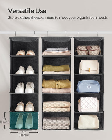 SONGMICS Hanging Wardrobe Organiser Set of 2, 5 Shelves Each, Foldable Grey Storage – Make Room for the Things You Love