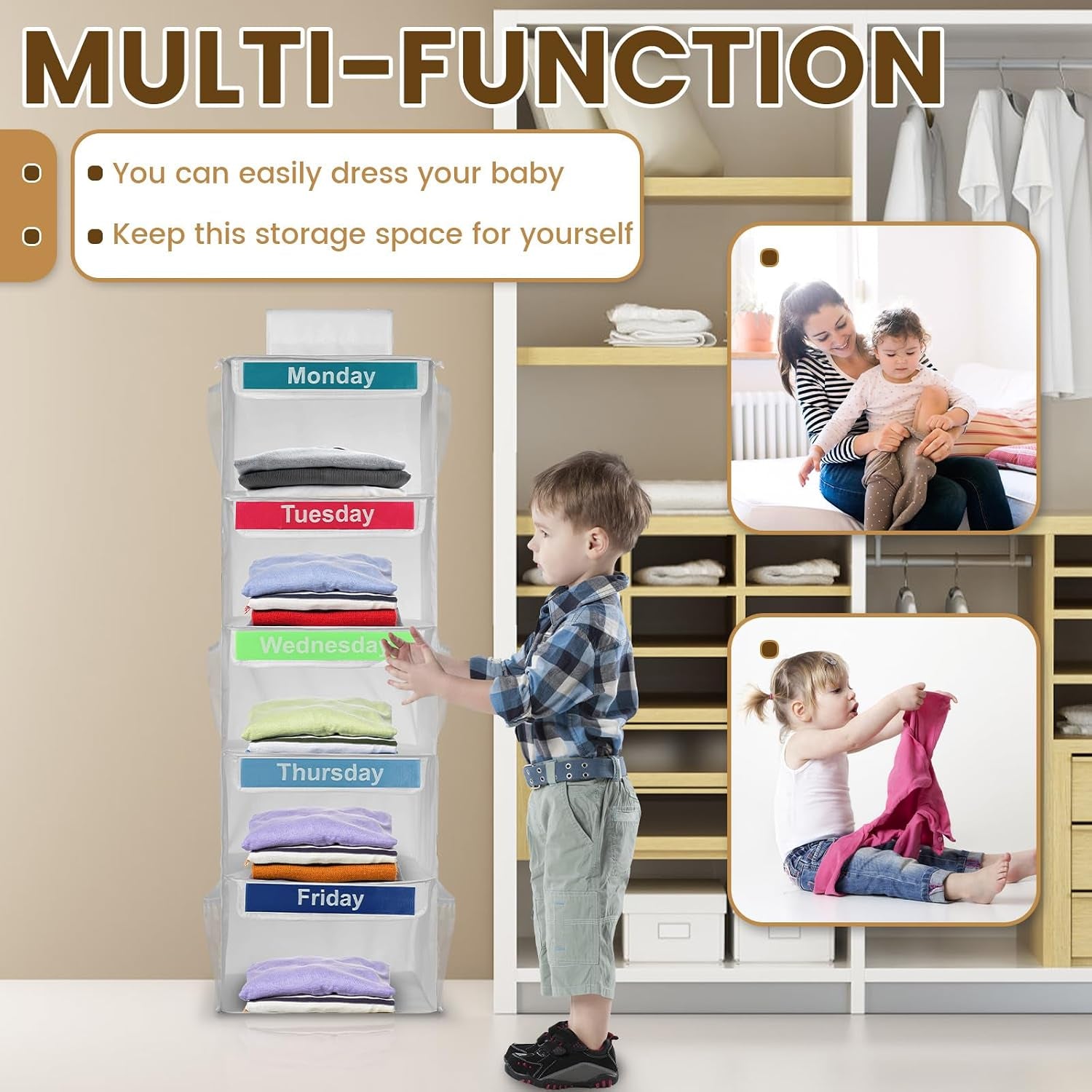 Weekly Clothes Organiser for Kids, 5-Shelf Hanging Storage Organiser for Daily Clothing, Day of the Week Children Clothes Organizer, Monday to Friday Wardrobe Storage for School Uniform Hats (White)