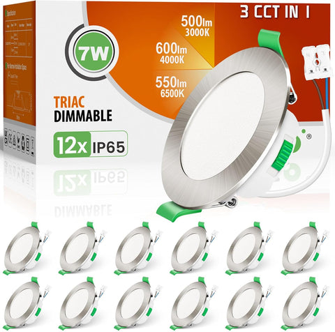 3CCT LED Downlights Ceiling Dimmable 7W IP65 Cutout 67-75MM 6 Pack | Slim Recessed Ceiling Lights, 3000K 4000K 6500K Selectable Bathroom Kitchen Spotlights, round White