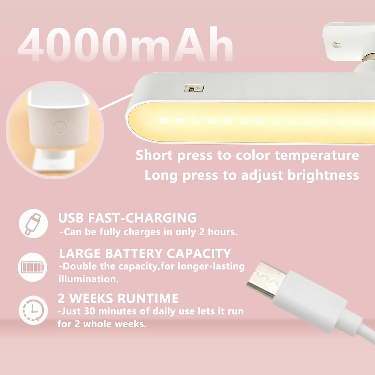 Makeup Mirror Lights,4000Mah Battery Touch Make up Vanity Light Adjustable 3 Colors Brightness,Screw-Free Stick on Lighted for Makeup Vanity Bathroom Mirror (White)