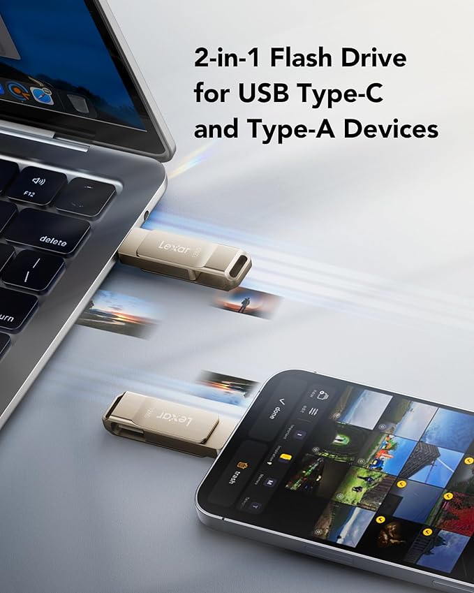 2-in-1 flash drive for USB Type-C and Type-A devices with a laptop and smartphone in the background.