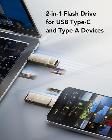 2-in-1 flash drive for USB Type-C and Type-A devices with a laptop and smartphone in the background.
