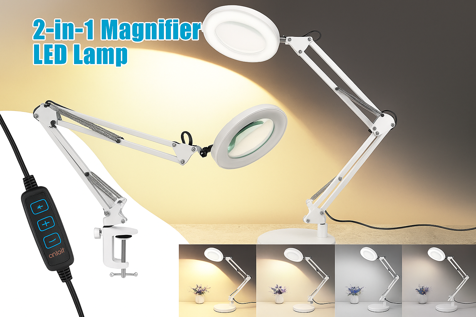 2-in-1 magnifier LED lamp with adjustable arm and control panel on a dark background