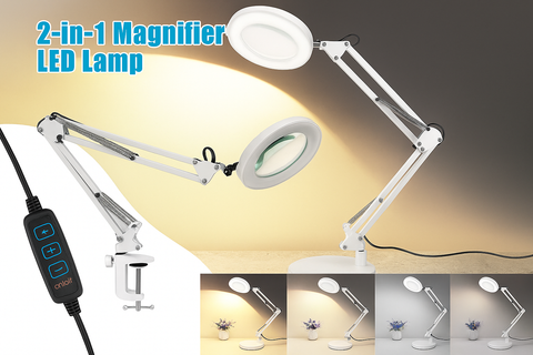 2-in-1 magnifier LED lamp with adjustable arm and control panel on a dark background