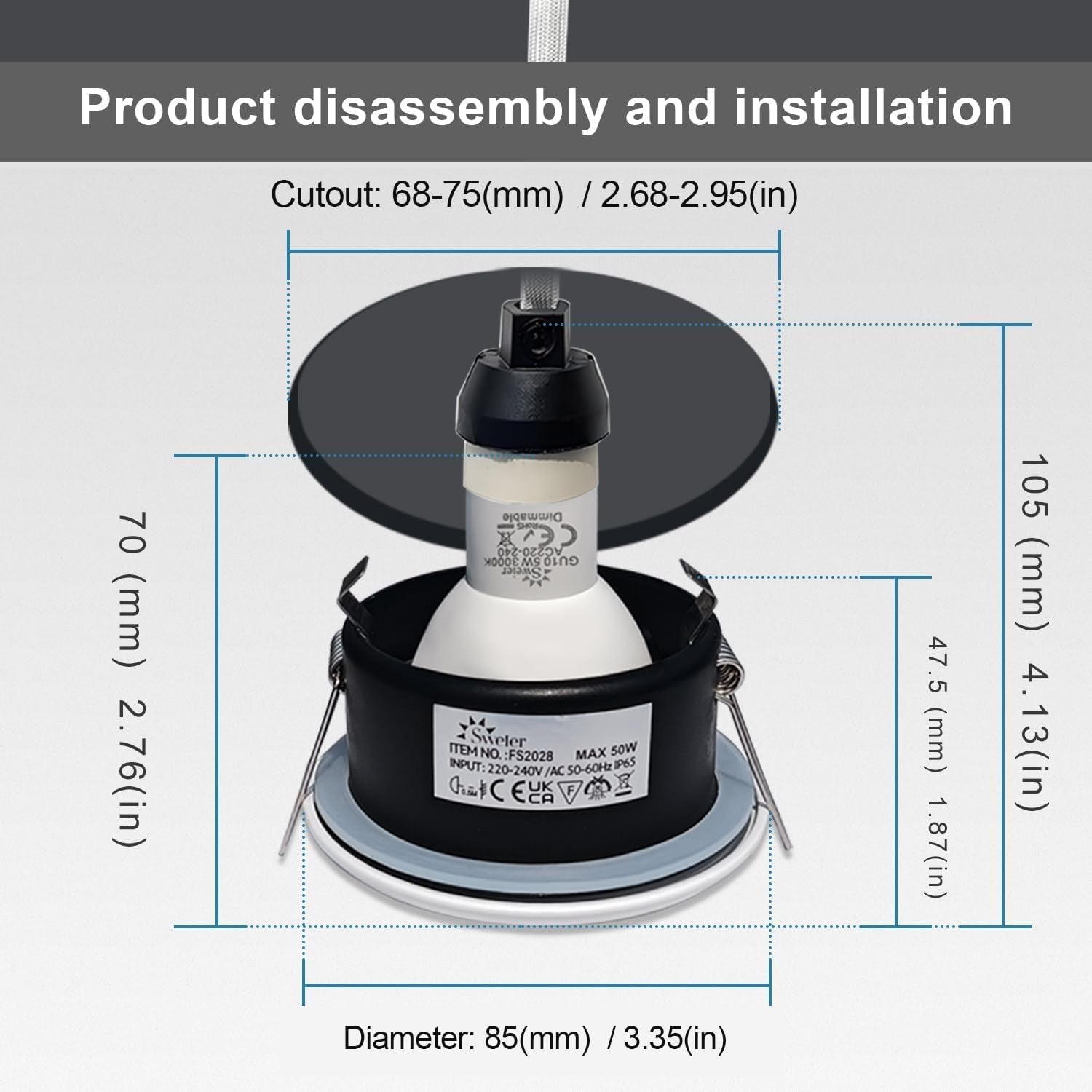 4X 5W IP65 Waterproof LED Recessed Ceiling Lights, Warm White 3000K 430LM, Suitable for Bathroom and Kitchen Spotlights (Including GU10 Lamp Holder) White Downlight Cut-Out 68Mm