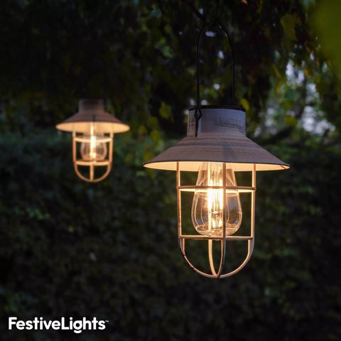 Outdoor space featuring the solar lantern suspended above a porch

