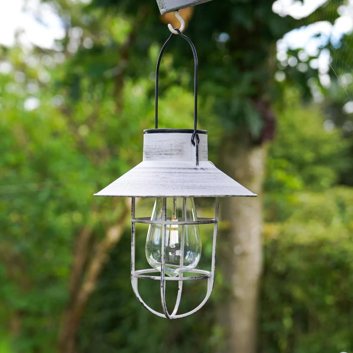 Lantern hanging from a hook in a garden with warm LED glow

