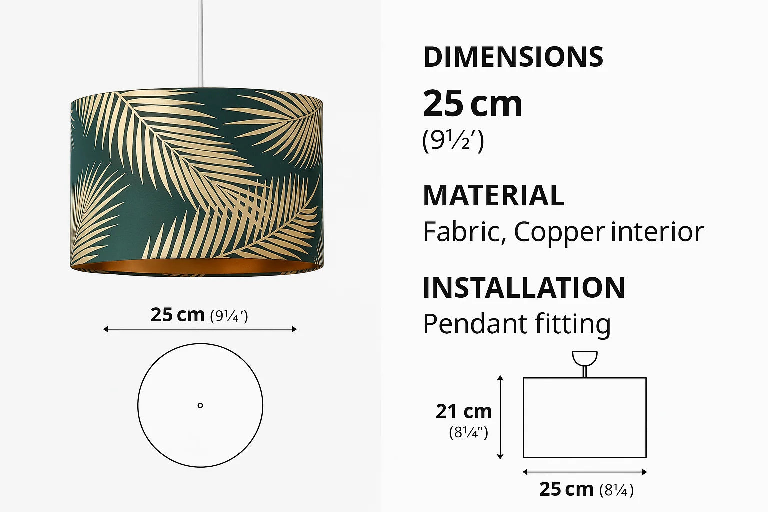 Dark Green and Gold Pendant Shade – 25 Cm – Table or Ceiling