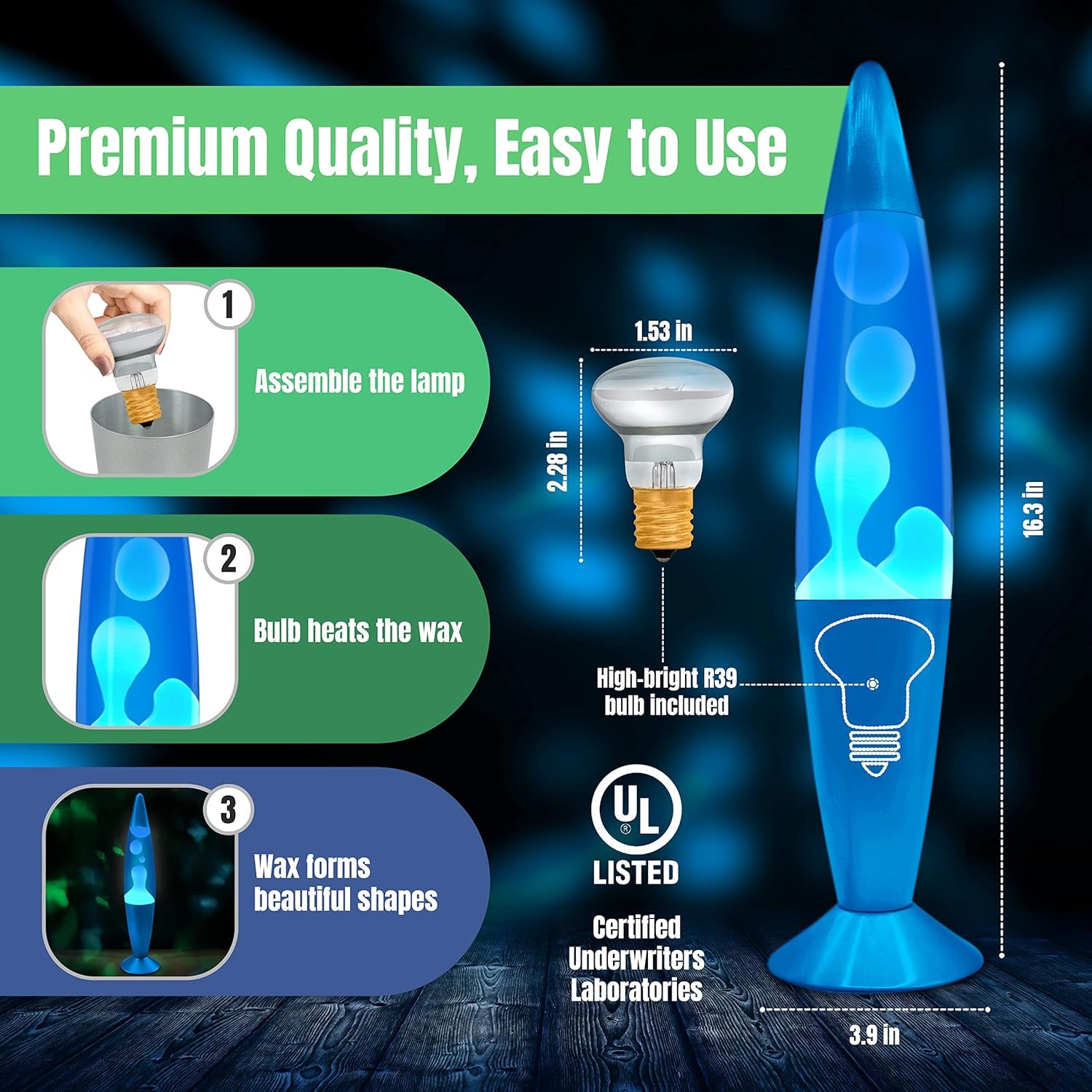 16" Beautiful Lamp- Blue with White/Blue Wax, Relaxing Liquid Light, Night Light Nightlight, Home Decor Living Room Office Bedroom Lamp for Adults Teens Kids, Magma Motion
