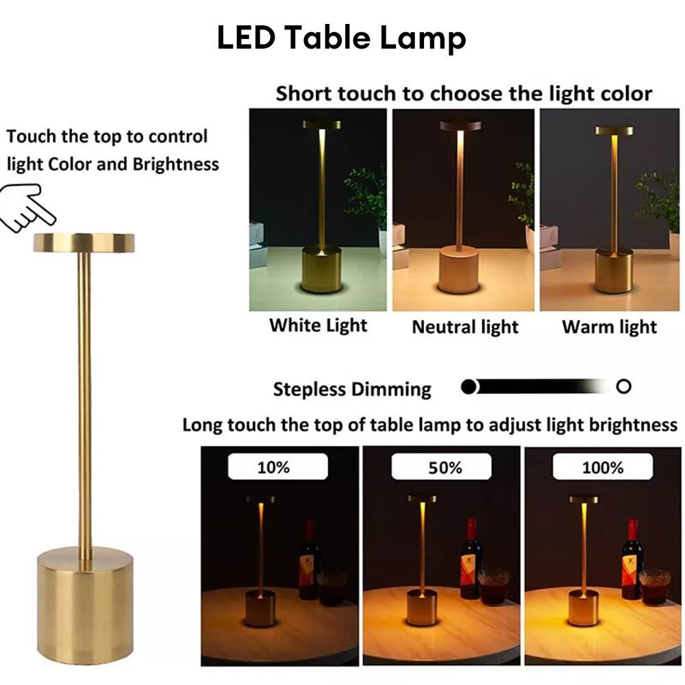 Cordless Metal LED Touch Table Lamp – Rechargeable Desk Light for Home & Office
