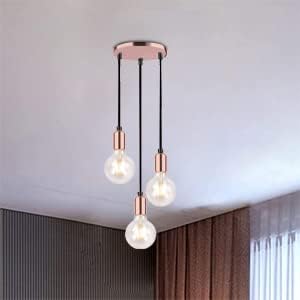 Modern pendant light fixture with three hanging bulbs on a ceiling.