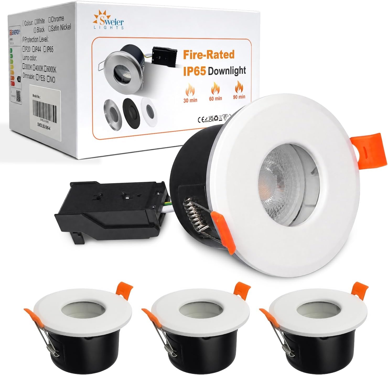 LED Fire Rated Downlights, 5W IP65 Waterproof Bathroom Spotlights, Dimmable 6000K Cool White Recessed Ceiling Lights for 70-75Mm Cut Out, AC220V-240V 4 Pack