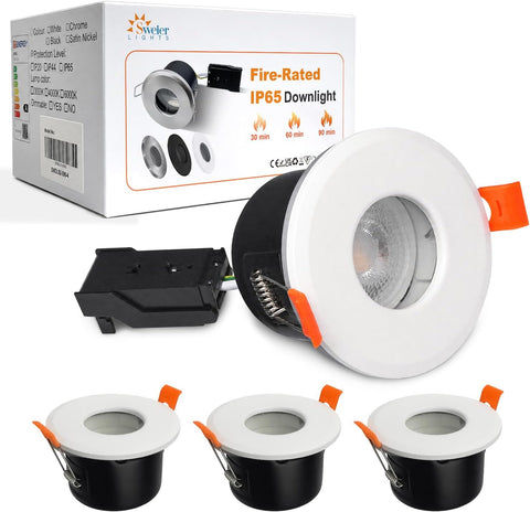 LED Fire Rated Downlights, 5W IP65 Waterproof Bathroom Spotlights, Dimmable 6000K Cool White Recessed Ceiling Lights for 70-75Mm Cut Out, AC220V-240V 4 Pack