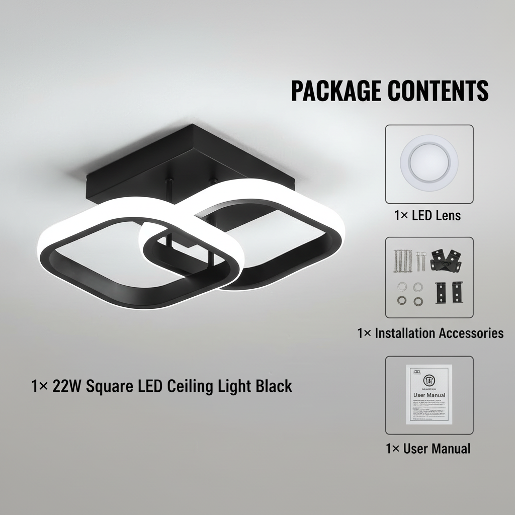 22W Square LED Ceiling Light Black with package contents on a gray background
