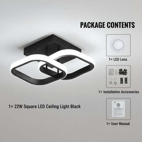 22W Square LED Ceiling Light Black with package contents on a gray background