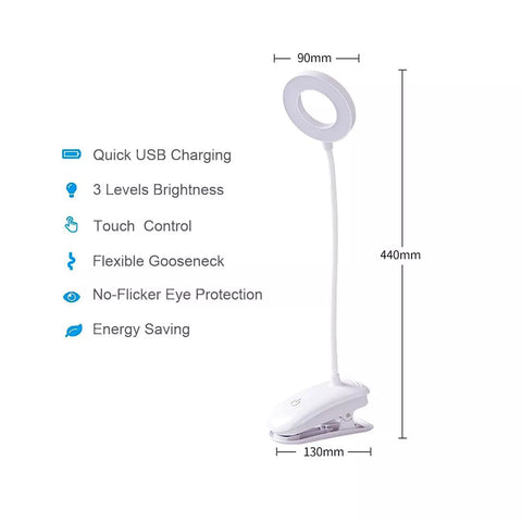LED Rechargeable Clip-On Desk Light – USB Reading Lamp