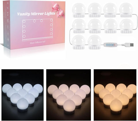 Hollywood Mirror Lights Stick on 10 Bulbs, USB Cable Adjustable, 3 Colour Changing and 10 Brightness, LED Vanity Mirror Lamp Dimmable, Makeup Lights for Dressing Table (No Adapter)